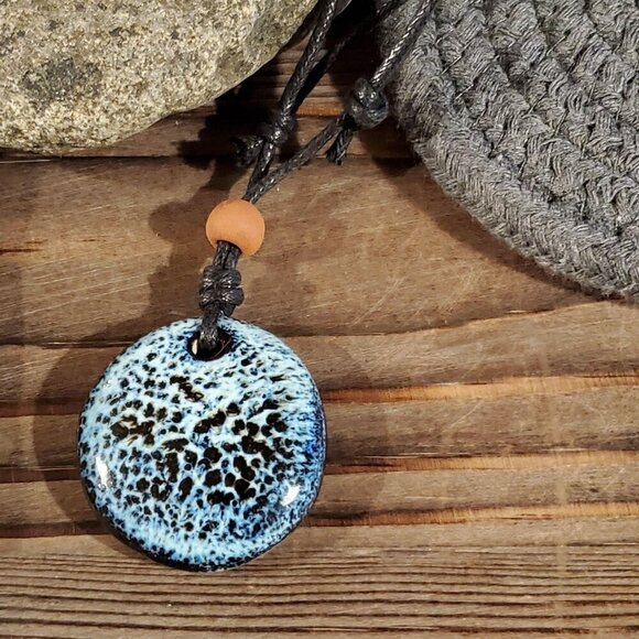 Handcrafted Artsy Circle Glazed Blue Black Porcelain Pendant Necklace - Picture 3 of 5